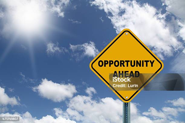 Yellow Opportunity Ahead Road Sign With Sky Stock Photo - Download Image Now - Opportunity, Occupation, Sign
