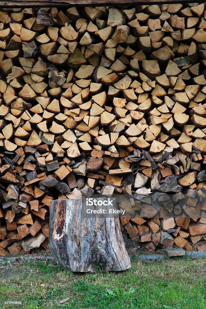 Chopping block and stacked logs Chopping blocks and stacked logs. Norway. Beech Tree Stock Photo