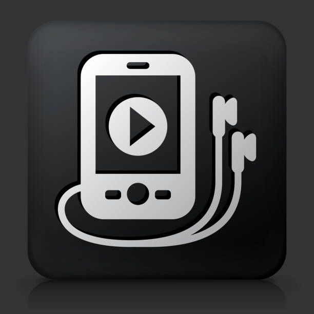 ilustrações de stock, clip art, desenhos animados e ícones de botão quadrado preto com o ícone de música de escuta - black background video