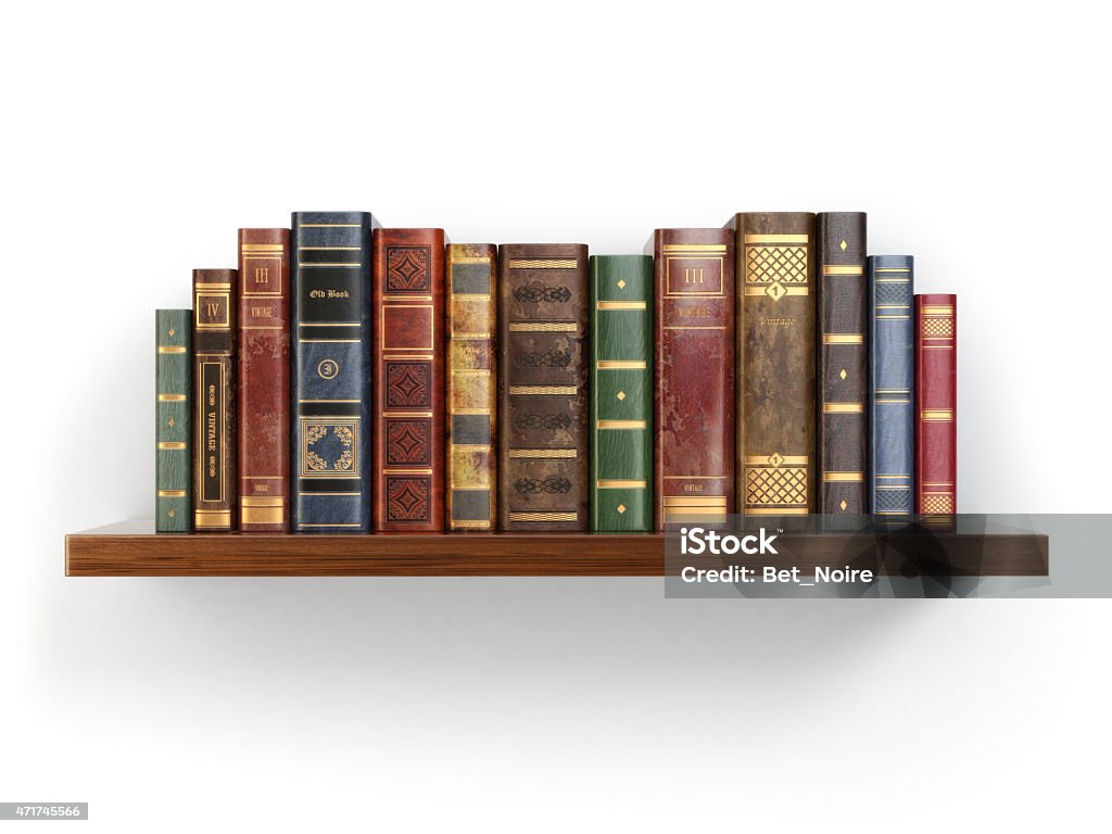 Vintage old books on shelf isolated white. Vintage old books on shelf isolated on white. 3d Book Stock Photo