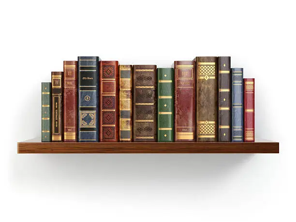 Vintage old books on shelf isolated on white. 3d