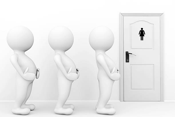 3d persons womans need a toilet 3d persons womans need a toilet waiting in front of restroom sign feme stock pictures, royalty-free photos & images