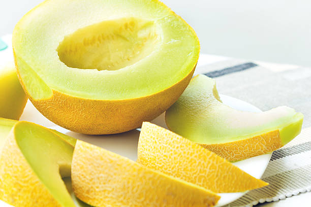 istock Sliced yellow melon on white plate 471750675