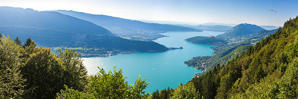 Panoramic view of the Annecy lake from Col du Forclaz stock photo