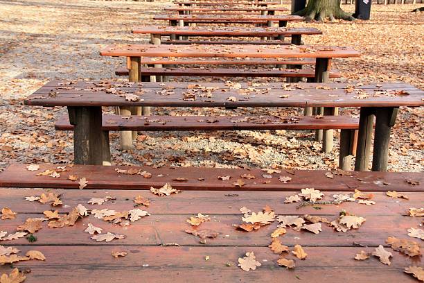 Benches in a beer garden in autumn