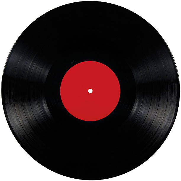 istock Black vinyl record lp album disc, isolated disk red label 471752689