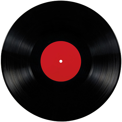 Black vinyl record lp album disc, large detailed isolated long play disk with blank empty copy space label tag in red