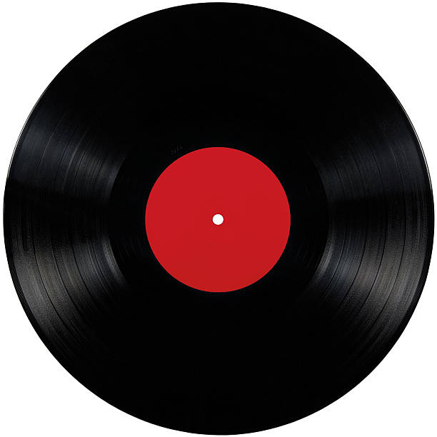 Black vinyl record lp album disc, isolated disk red label stock photo