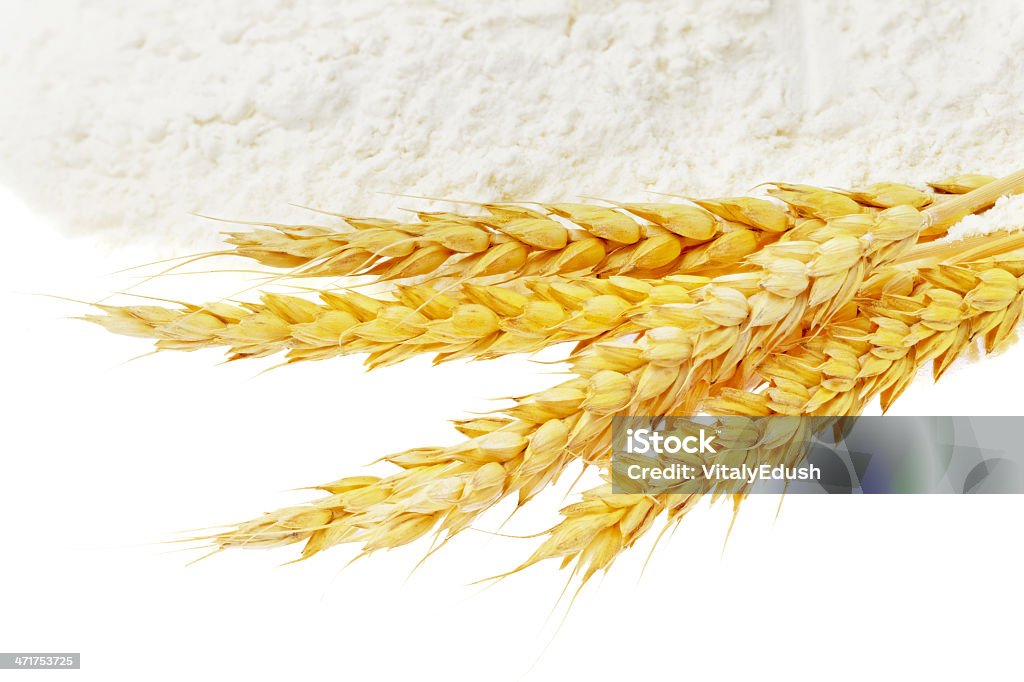 Spikelets von Weizen auf Mehl spillage.Isolated. - Lizenzfrei Anhöhe Stock-Foto