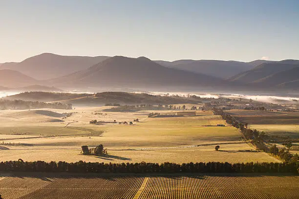 A view across a valley in the Yarra Valley in Victoria, Australia