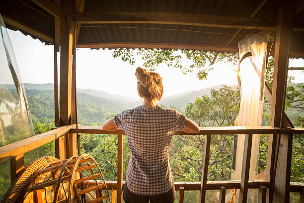 istock Woman on tree house watching sunset 471756552