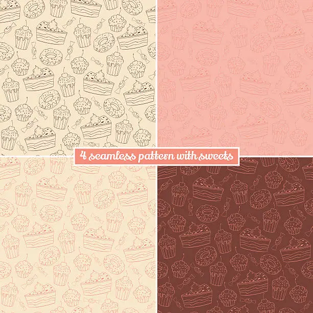 Vector illustration of Set of four seamless pattern with sweets