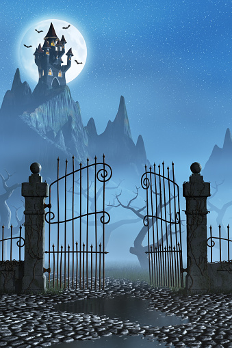 An open gate leading to a spooky castle high up in the mountains.