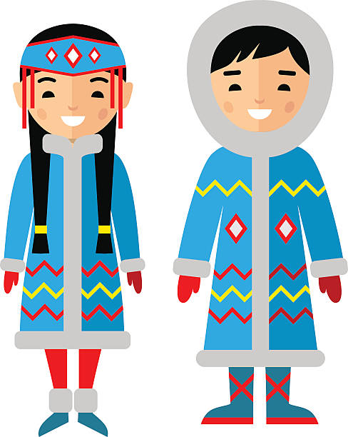 Vector illustration of eskimo children, boy, girl, people Set of eskimo woman and man dressed in national costumes chukchi stock illustrations