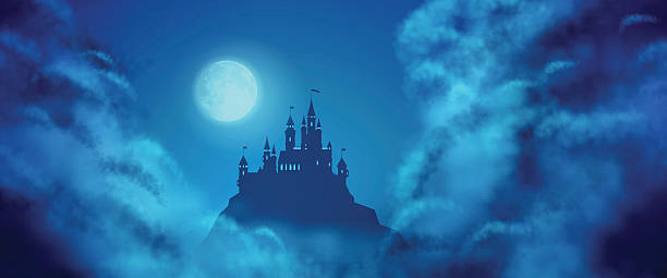 ilustrações, clipart, desenhos animados e ícones de fantasy vetor de céu de luar castelo - mist castle fog night