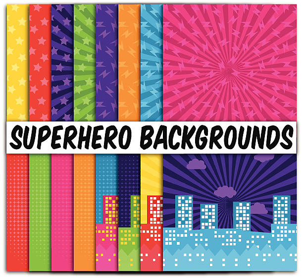 Collection of 16 Vector Superhero Themed Backgrounds Collection of 16 Vector Superhero Themed Backgrounds. Drop shadow used on each background; no gradients or transparencies are present. Each background is grouped for easy editing. superhero patterns stock illustrations