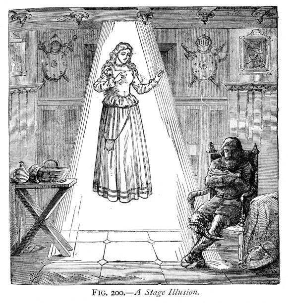 Stage Illusion Vintage engraving of a Stage Illusion. 1884 floating woman magic trick stock illustrations