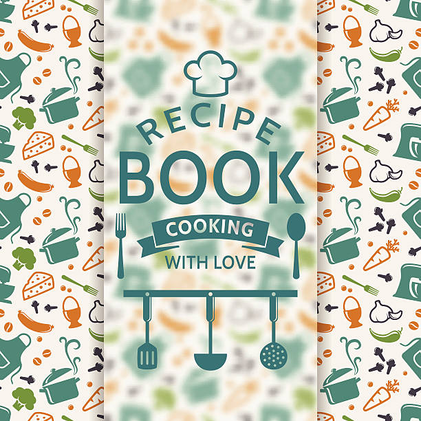 A pattern of cookery icons under a recipe book logo Recipe book. Cooking with love. Recipe card with colored culinary symbols and typographic badge. Vector background. cookbook stock illustrations