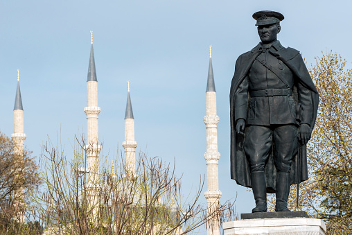 Ataturk statue front of Selimiye Mosque in Edirne, Turkey.