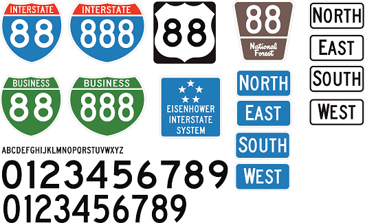 Built using the Federal Highway Administration specifications, these are some of the official style of signs used on US Highways and Interstates.  Included is the correct vectored lettering and numbers (Free fonts are available that match official guidelines - Roadgeek is one of them).