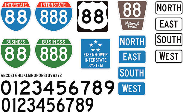 Accurate Interstate Highway Signs and Letters Built using the Federal Highway Administration specifications, these are some of the official style of signs used on US Highways and Interstates.  Included is the correct vectored lettering and numbers (Free fonts are available that match official guidelines - Roadgeek is one of them). street sign stock illustrations