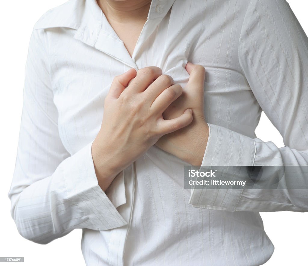 Office Woman heart attack Office woman clutching her chest in pain, possible heart attack. Adult Stock Photo