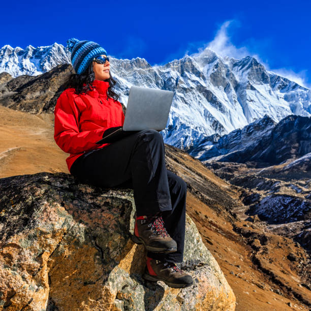 istock Young woman using laptop in Himalayas, Nepal 471766900