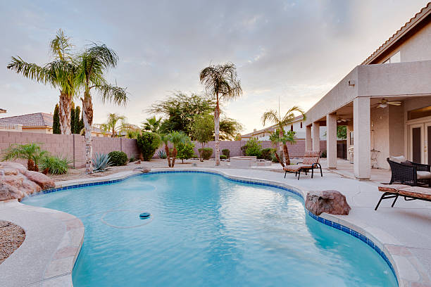 A backyard with pool at a desert home