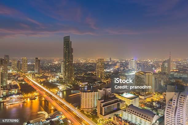 Twilight Of Bangkok Skylines With Chao Phraya River Curve Stock Photo - Download Image Now