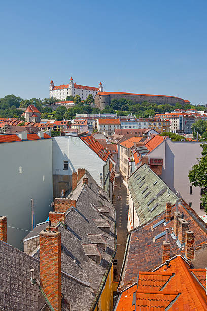 View of Bratislava Castle (founded in IX c.). Slovakia View of Bratislava Castle (founded in IX c.) and the city  from the tower of St. Michael Gate. Bratislava, Slovakia bratislava castle bratislava castle fort stock pictures, royalty-free photos & images