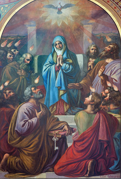 wien-fresko an pfingsten-szene in altlerchenfelder church - pfingsten stock-grafiken, -clipart, -cartoons und -symbole