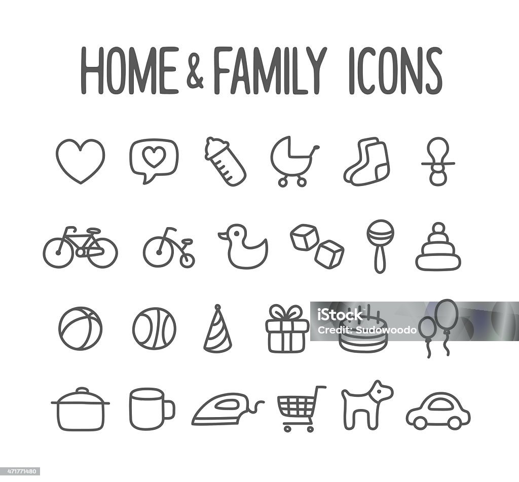 Twenty four family and home icons Set of hand drawn home and family themed line icons: toys, household objects and other related items. Baby - Human Age stock vector