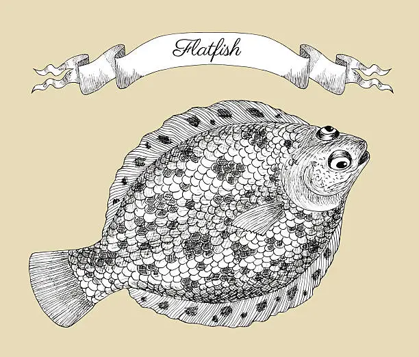 Vector illustration of Graphic drawing of flatfish and vignette