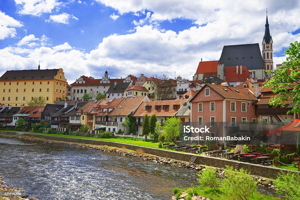River quay and skyline of city of Cesky Krumlov River quay and skyline of city of Cesky Krumlov in spring 2015 Stock Photo