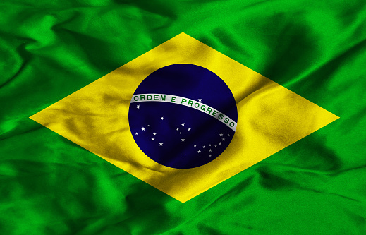 Close-up of ruffled flag of Brazil, background texture (High-resolution 3D CG rendering illustration)