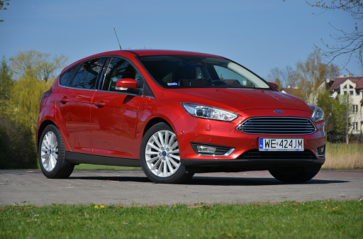 Warsaw, Poland - 22th April, 2015: Test drive of Ford Focus (after the facelifting model). First generation of Ford Focus was debut in 1998, but the third generation was debut in 2011. This vehicle is one of the most popular compact car in the world.
