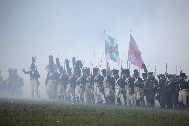 Tvarozna, Czech Republic - December 3, 2011: Re-enactors uniformed as Russian soldiers attend the re-enactment of the Battle of Austerlitz (1805) near Tvarozna, Czech Republic.