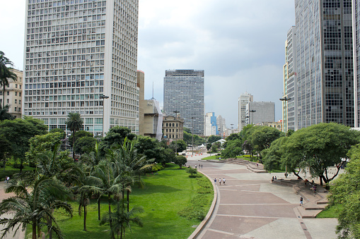The park of the Anhangabaú valley and its gardens stand out in the city center of Sao Paulo, Brazil.