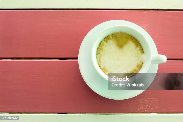 Cup Of Coffee On Wooden Table Top View Stock Photo - Download Image Now - 2015, Art, Art And Craft