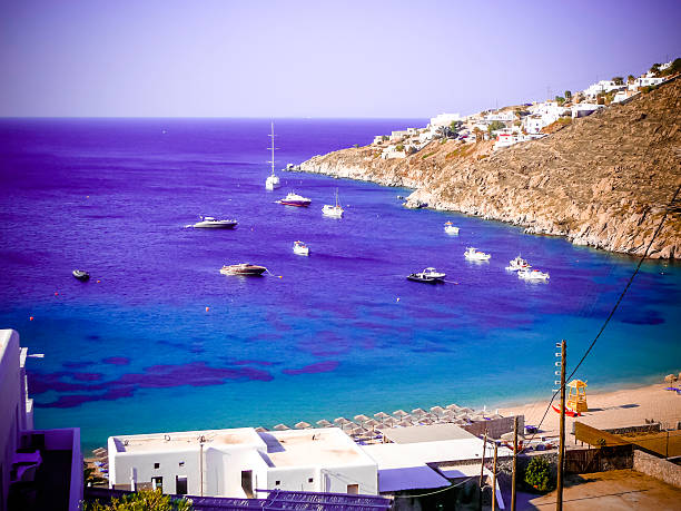 Aerial view of old town waterfront and marina, Leros Village and Harbour