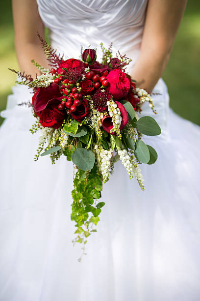 istock Wedding bouquet with Red hypericum, Seeded Eucalyptus, Astilbe, and Scabiosa, 471782980