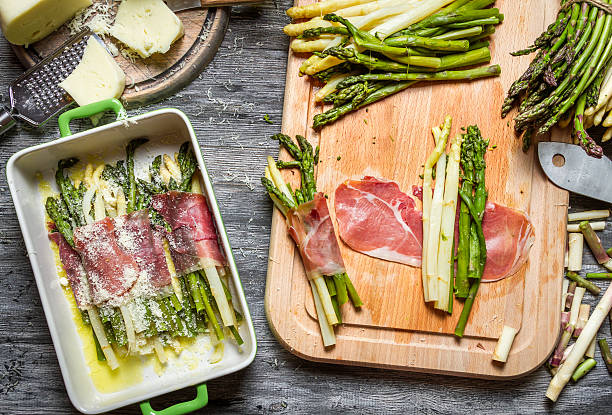 istock Asparagus wrapped in Parma ham with cheese 471784943