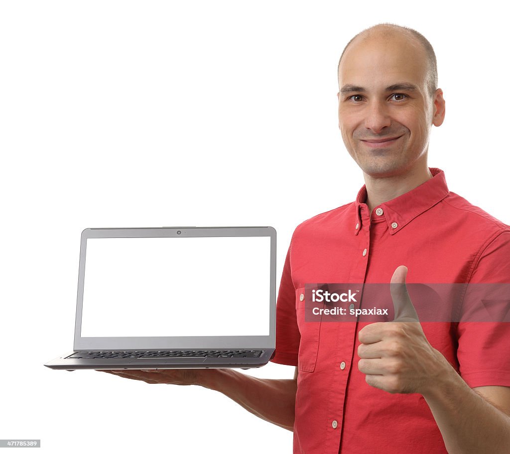 man holding a laptop man holding an open laptop with thumb up isolated on white background 30-39 Years Stock Photo