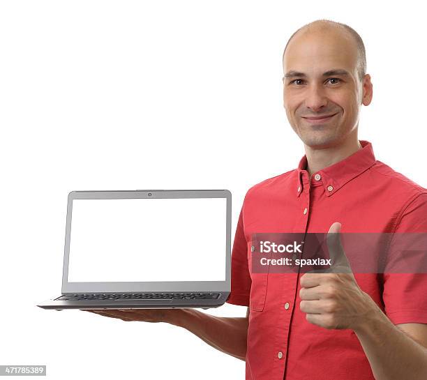 Man Holding A Laptop Stock Photo - Download Image Now - 30-39 Years, Adult, Balding