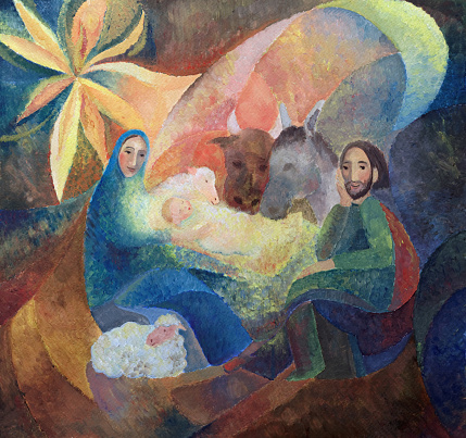 Nativity Scene: Watercolor painting of my wife (Gabi Kiss) on textured paper.