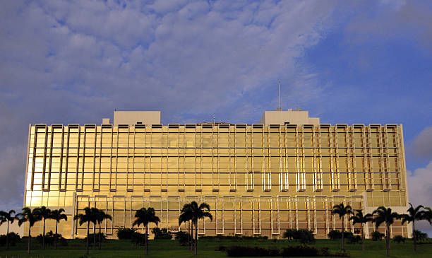 Libreville, Gabon: golden façade of the Presidential Palace Gabonese Presidential Palace reflecting the late afternoon sun on its golden curtain glass façade. Waterfront avenue - Front de Mer - Boulevard de l'Indépendance. Libreville, Estuaire Province, Gabon. Golden hour shot. gabon stock pictures, royalty-free photos & images