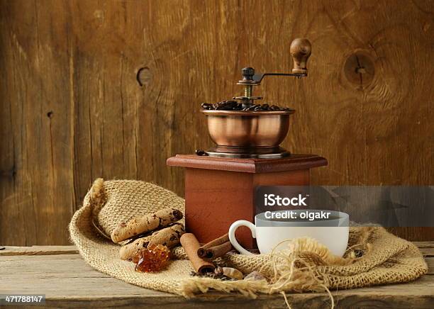 Still Life Of Wooden Coffee Grinder Sugar Biscuits Stock Photo - Download Image Now