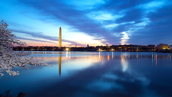 Colorful reflections of Washington landmarks in the Tidal Basin.