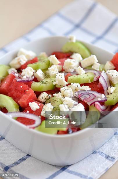 Water Melon Salad With Feta Cucumber And Red Onion Stock Photo - Download Image Now