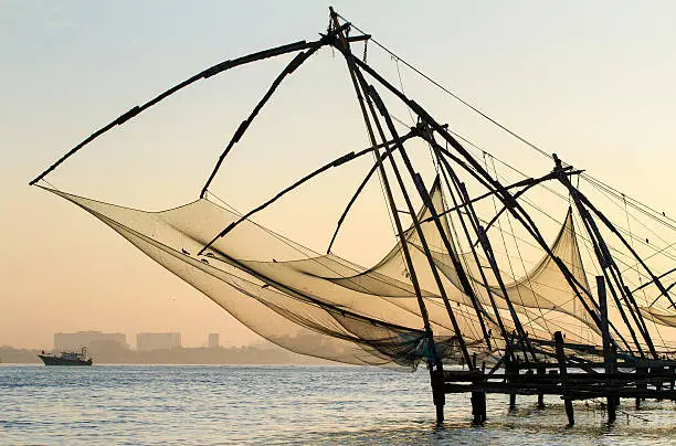 Chinese fishing net at sunrise in Cochin (Fort Kochi), Kerala, India